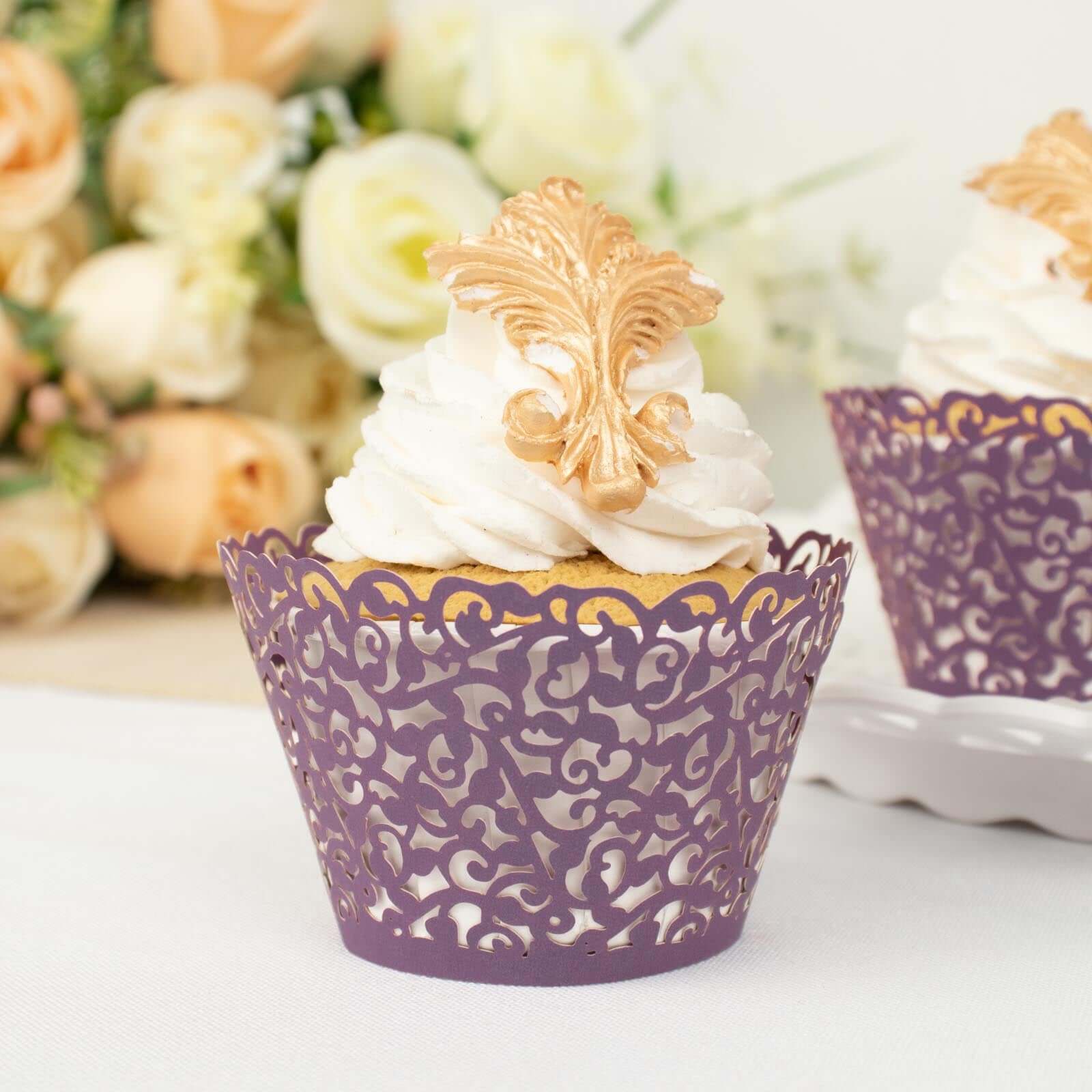 25 Pack Purple Lace Laser Cut Paper Cupcake Wrappers, Muffin Baking Cup Trays