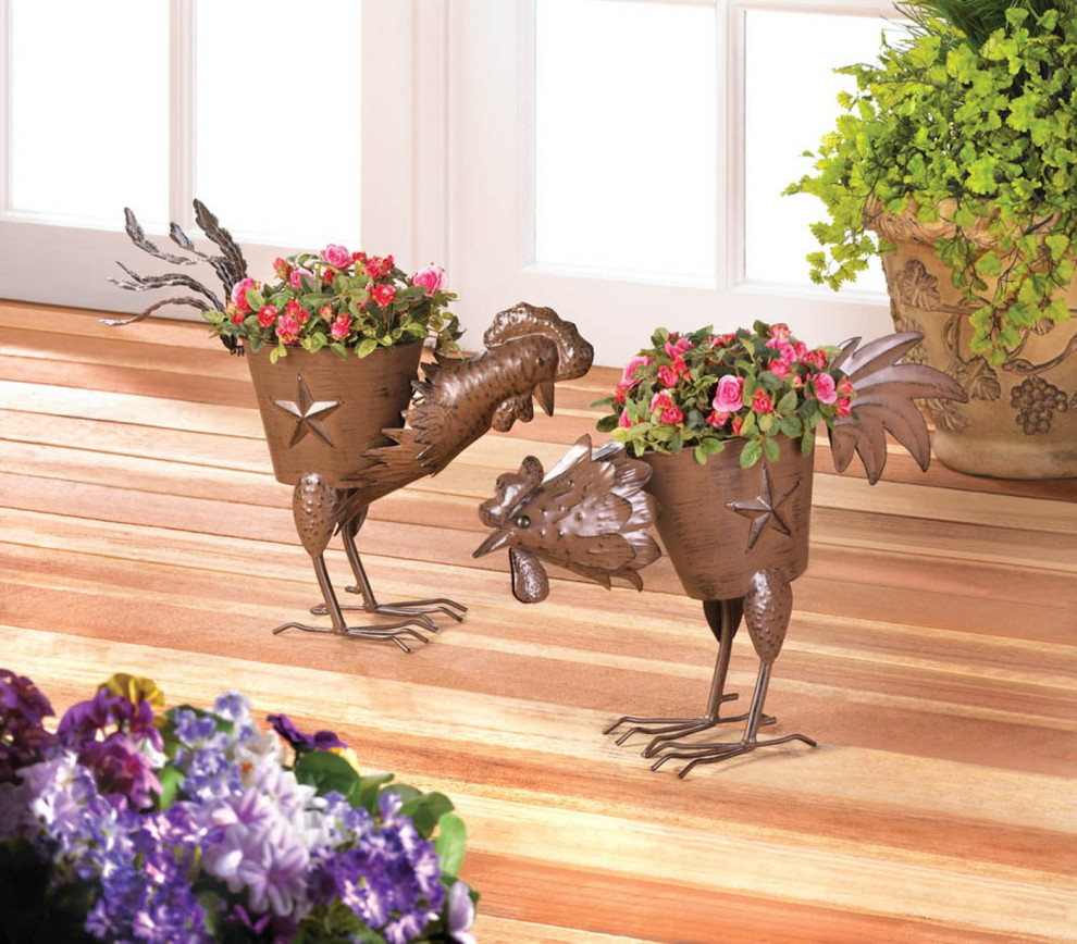 Pecking Rooster Planter   Farmhouse   Outdoor Pots And Planters   by Virventures  Houzz