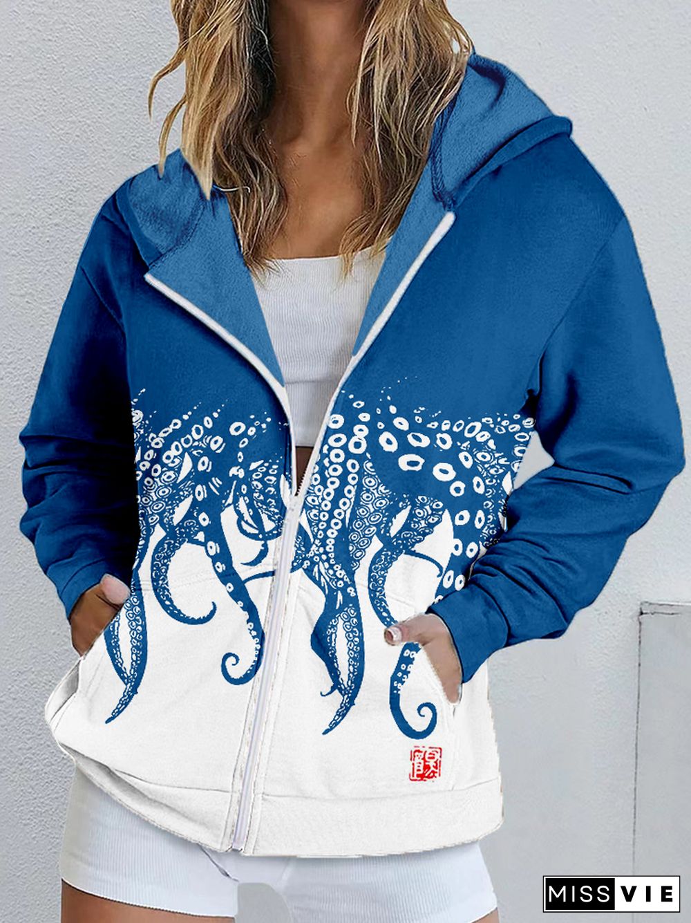 Tentacles Lino Art Contrast Color Zip Up Cozy Hoodie