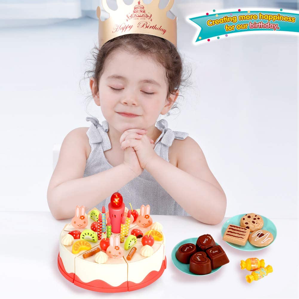 Mundo Toys Cutting DIY Pretend Play Birthday Cake Dessert Food Set Toy Multicolor with Candles， 82 Pieces