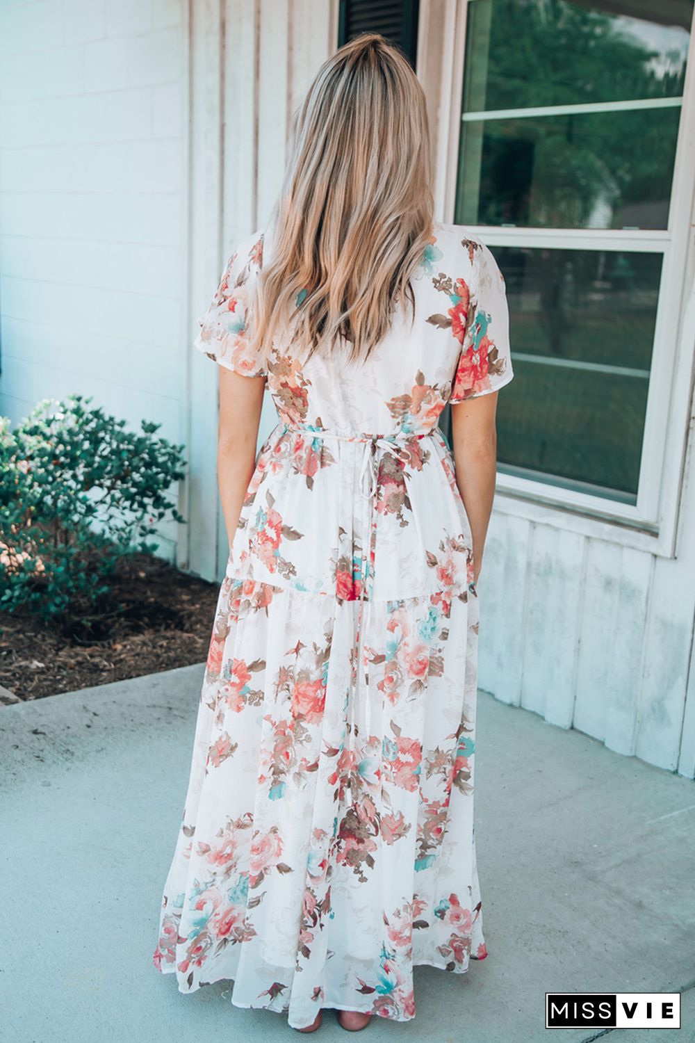 White V Neck Short Sleeves Floral Print Maxi Dress