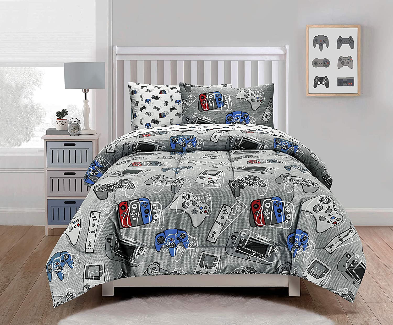 Kids Rule 5 Piece Gamer Glow in The Dark Bedding Set， Game Controllers Print， Blue， Grey - Twin