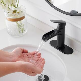 BWE Waterfall Single Handle Single Hole Modern Bathroom Faucet Bathroom Drip-Free Vanity Sink Faucet in Matte Black A-96071-B