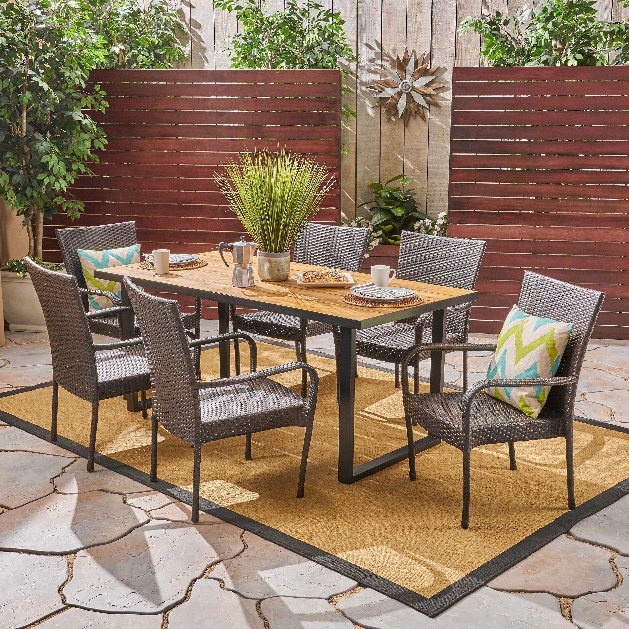 Fern Outdoor 6-Seater Rectangular Acacia Wood and Wicker Dining Set