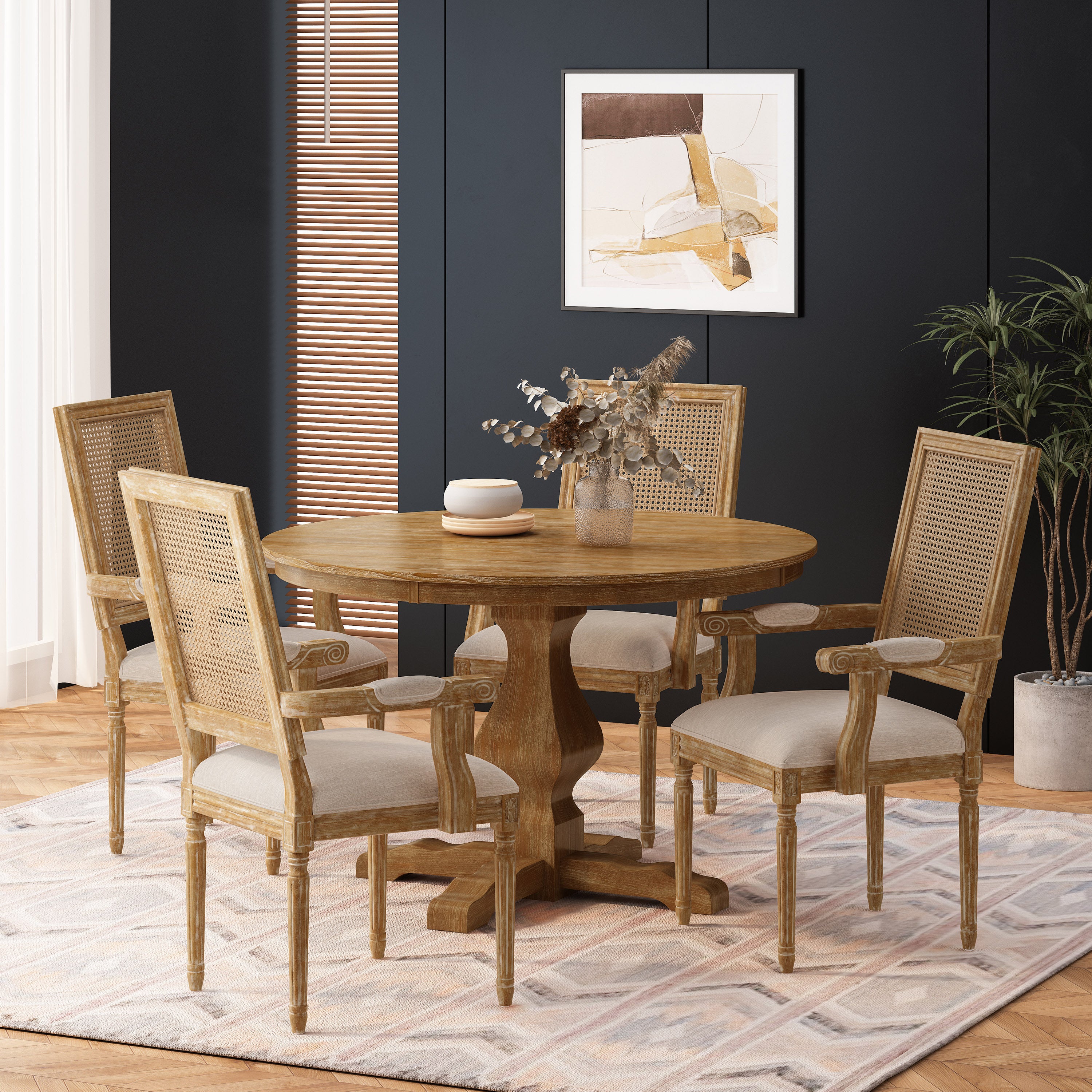 Joretta French Country Fabric Upholstered Wood and Cane 5 Piece Circular Dining Set