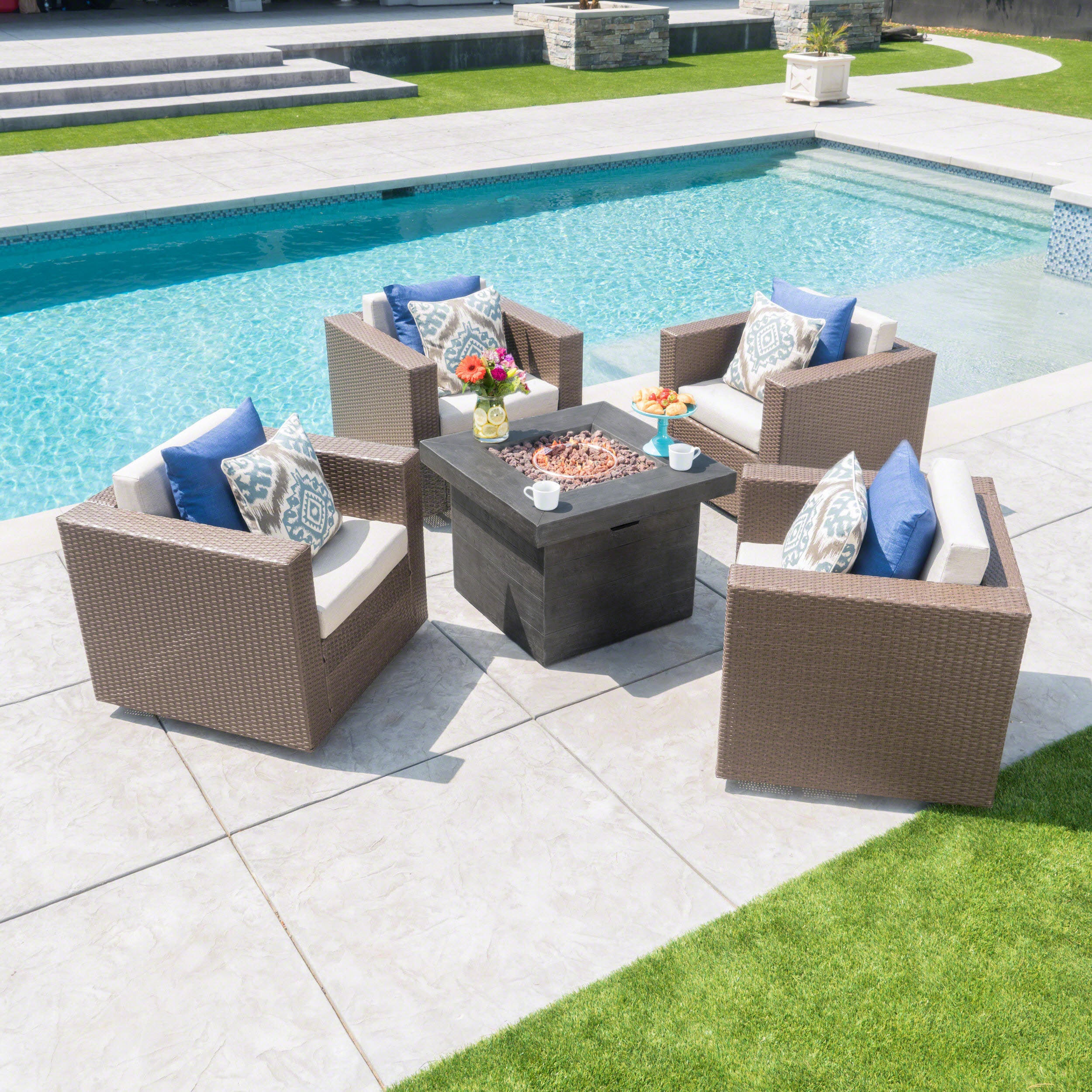 Venice Outdoor 5 Piece Chat Set with Brown Wicker Club Chairs and Fire Pit