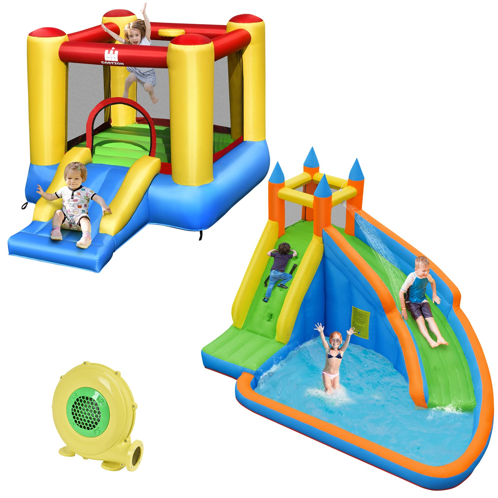 BOUNTECH Kids Jumper Bounce House with Water Slide, Inflatable Slide Bouncer Combo w/ Air Blower (2 in 1 Combo)