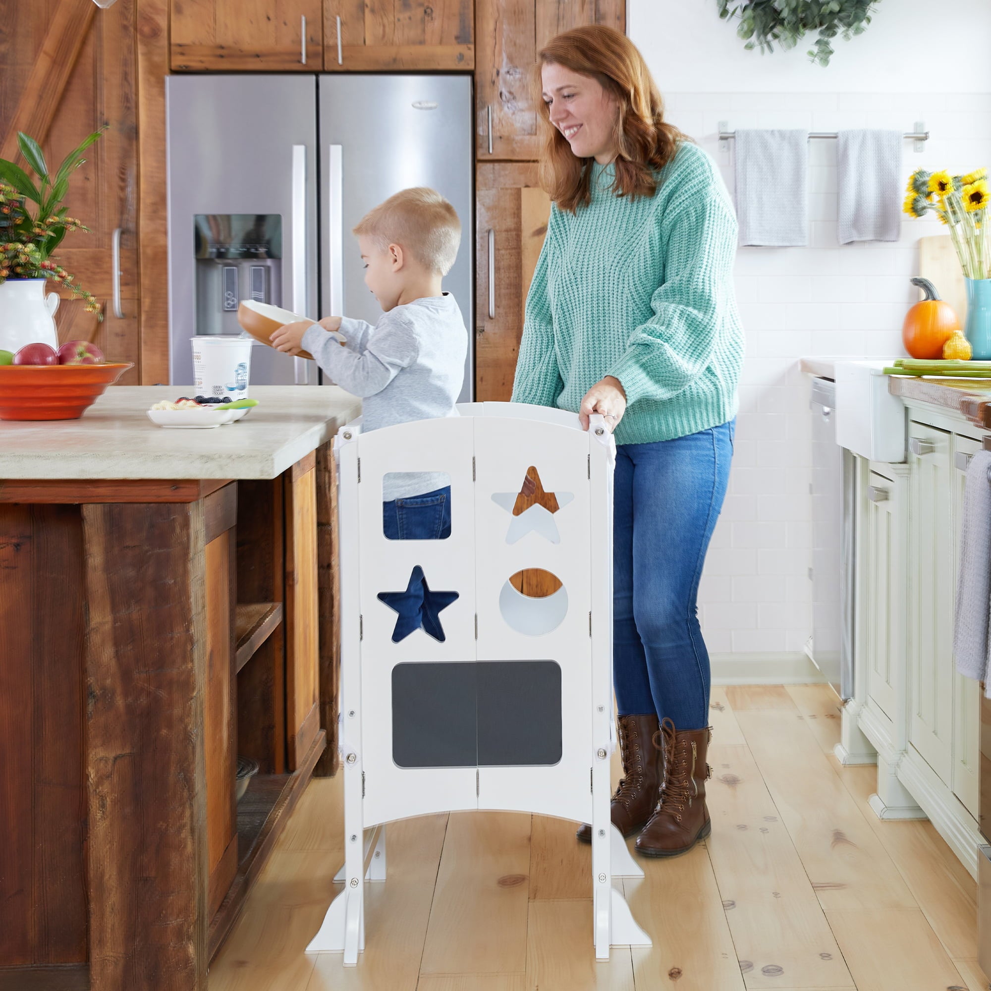 Guidecraft Classic Kitchen Helper® Stool - White with 2 keepers and Non-Slip Mat: Foldable, Adjustable Height Safety Cooking Tower for Toddlers with Chalkboard and Whiteboard Message Boards