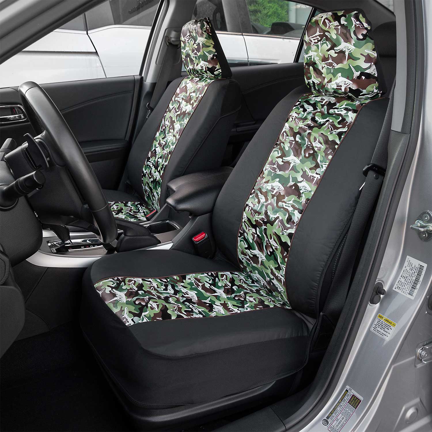 BDK Camo Shark Seat Covers for Car SUV Truck - Sideless Seat Style Compatible with Armrest and Airbag - Universal Fit 2 Sets