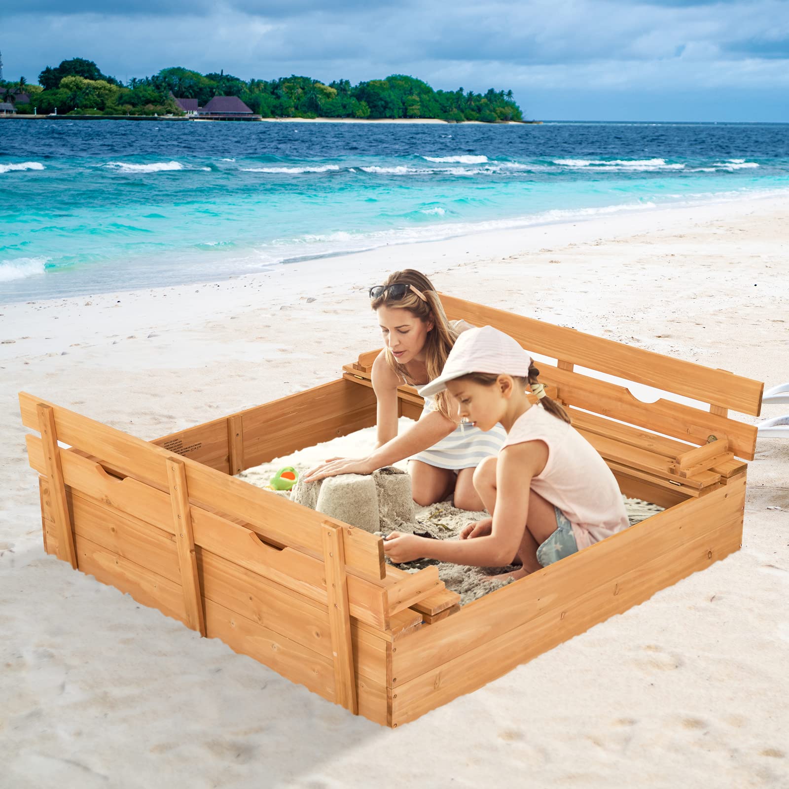 Costzon Kids Large Wooden Sandbox with Cover, 2 Convertible Bench Seats, Children Outdoor Play Furniture