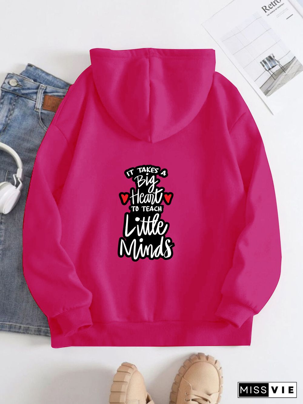 Printed on the Back Kangaroo Pocket Hoodie Long Sleeve for Women Pattern Big heart to teach