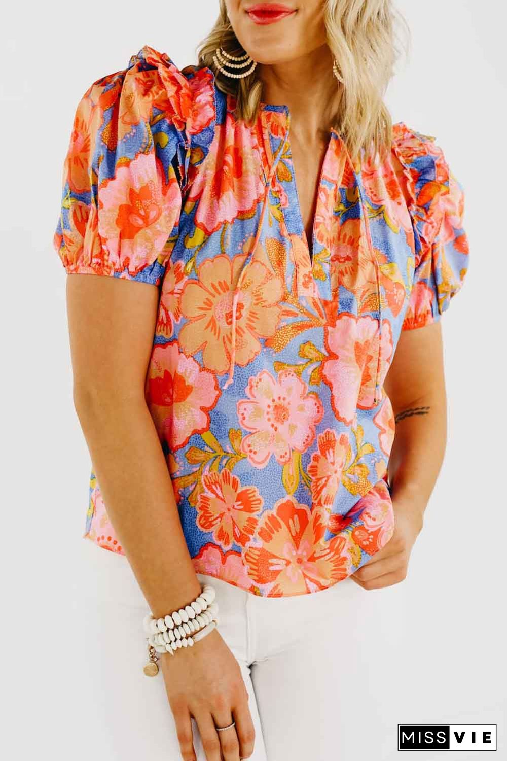 Multicolor Floral Bubble Sleeve V-Neck Plus Size Blouse