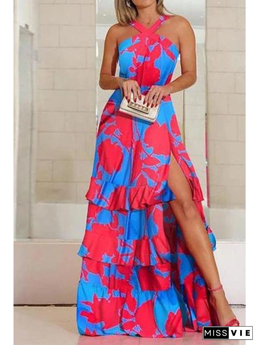 Bohemian Ruffled Slit Contrast Print Maxi Dress P10300