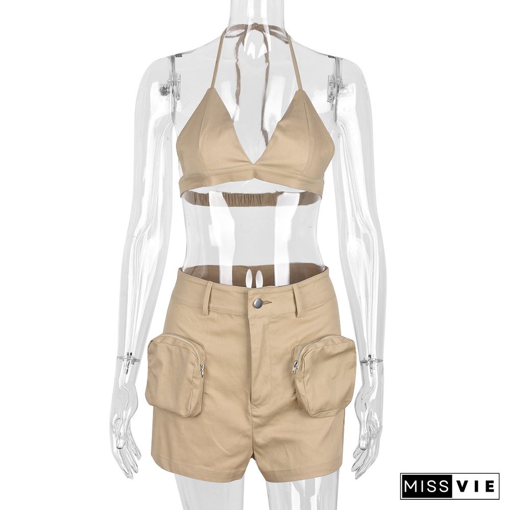 Halter Neck Wrap Chest Cargo Shorts Sexy Two-piece Set