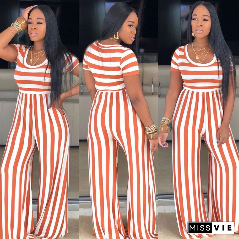 Striped Print Short Sleeve Wide Leg Jumpsuit