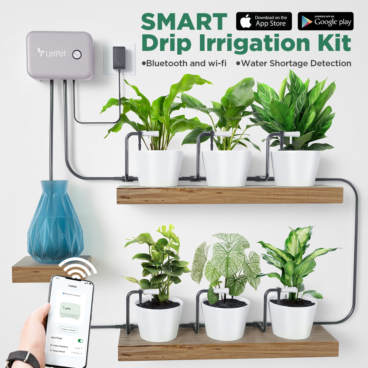 LetPot APP Remote Control Garden Drip Irrigation Kit with Timer， Automatic Watering System for 10 Pots， Gray