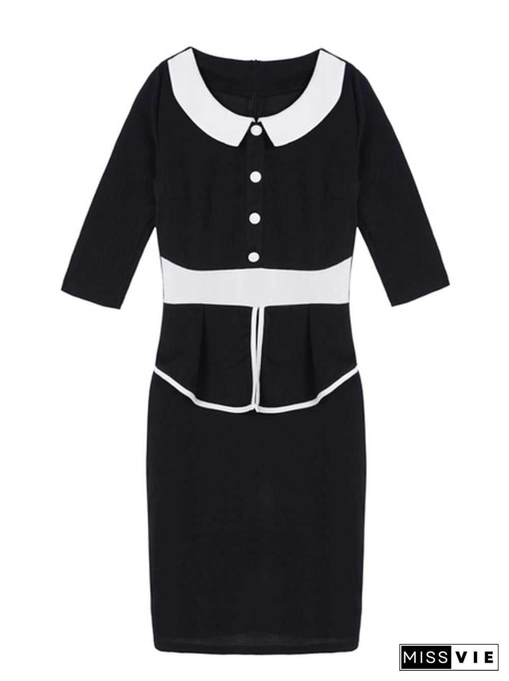 Office Ladies Attire Work Office Dresses One-Piece Round Ruffle Lapel Collar 3/4 Sleeve Slim Bodycon Pencil Outfits