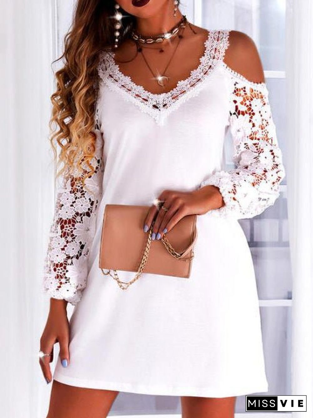 Women'S Dresses Lace Off-Shoulder Long Sleeve Dress