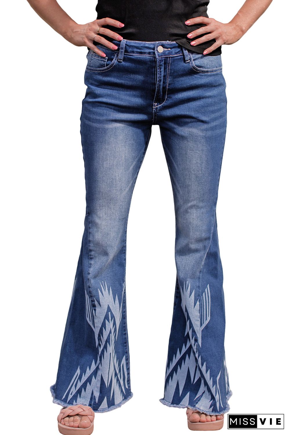 Blue Western Pattern High Rise Flare Jeans