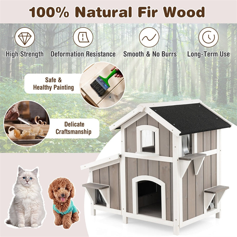 2-Story Outdoor Feral Cat House Weatherproof Wooden Kitty Shelter Pet House Habitat with Escape Door Removable Floor PVC Curtains Flower Box