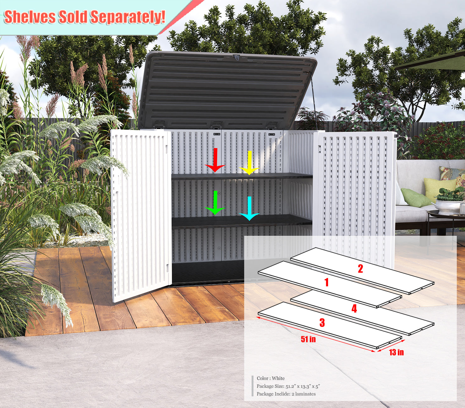 KINGYING 4.4 x 2.8 Large Horizontal Storage Shed Lockable, Thick HDPE Plastic Storage Unit for Backyards, Patio, Garden