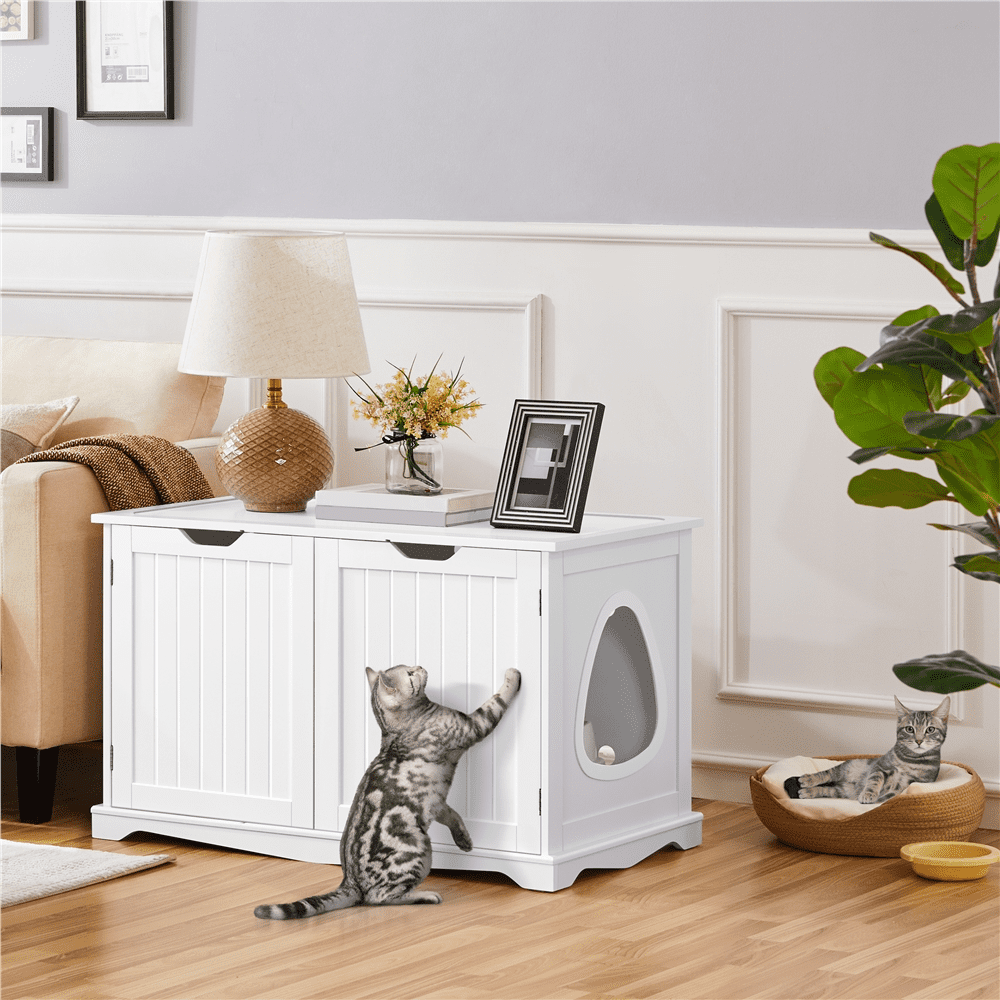 SmileMart Wooden Cat Litter Box Side Table Washroom Storage Bench with Divider， White