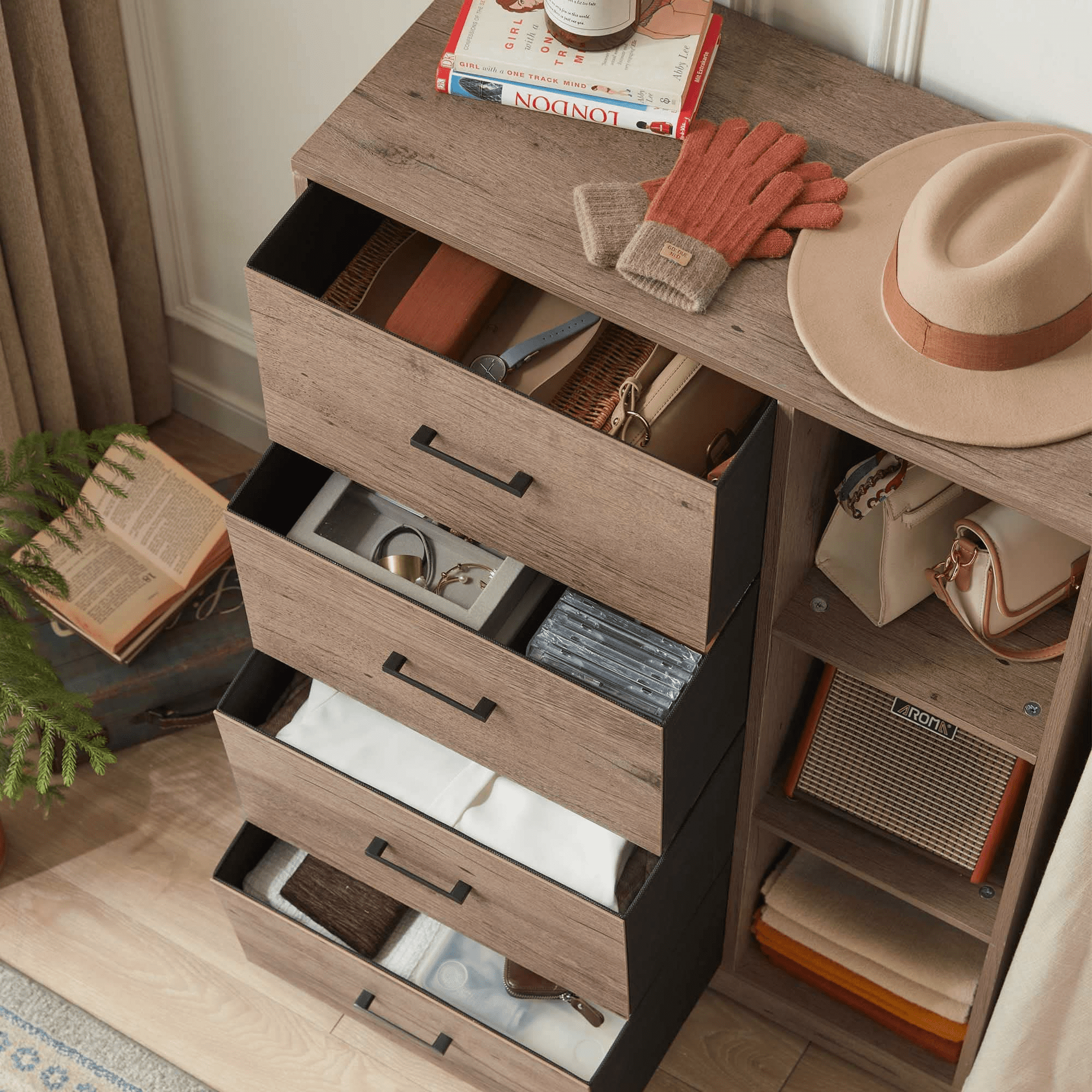 FRAPOW 4 Drawer Dresser for Bedroom with Metal Clothes Rack, 3 Open Storage Chest Dresser, Rustic Brown