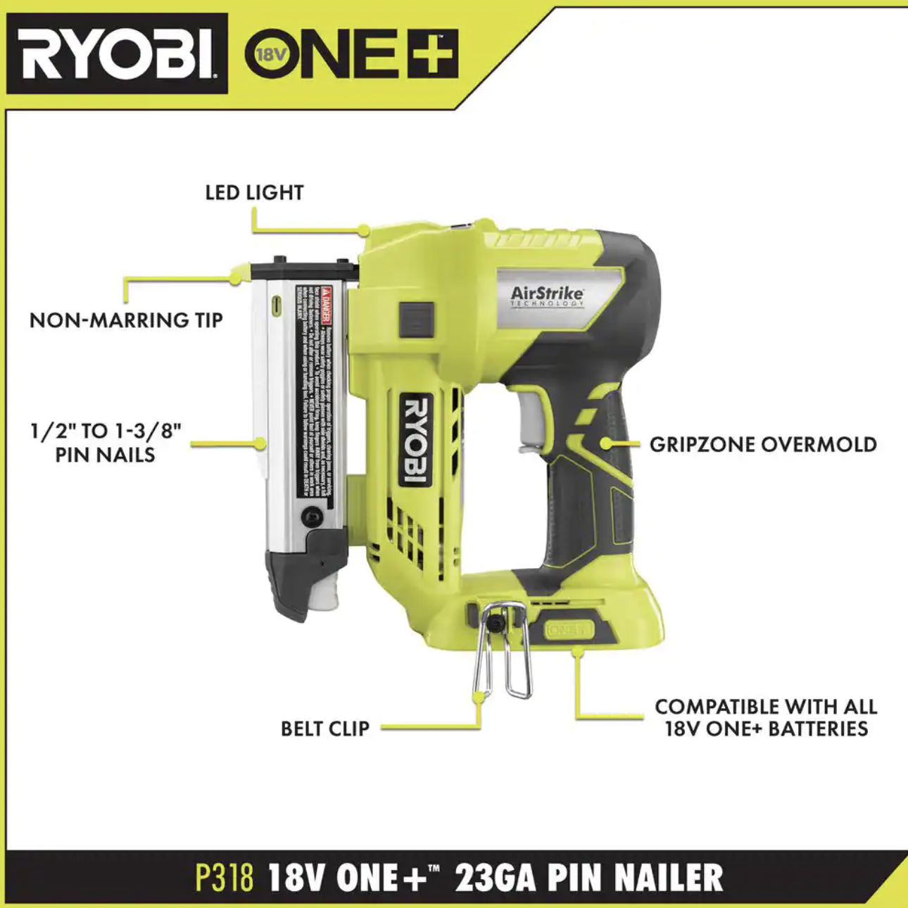 Ryobi ONE+ 18V Cordless AirStrike 23-Gauge 1-3/8 in. Headless Pin Nailer， Tool Only (P318)