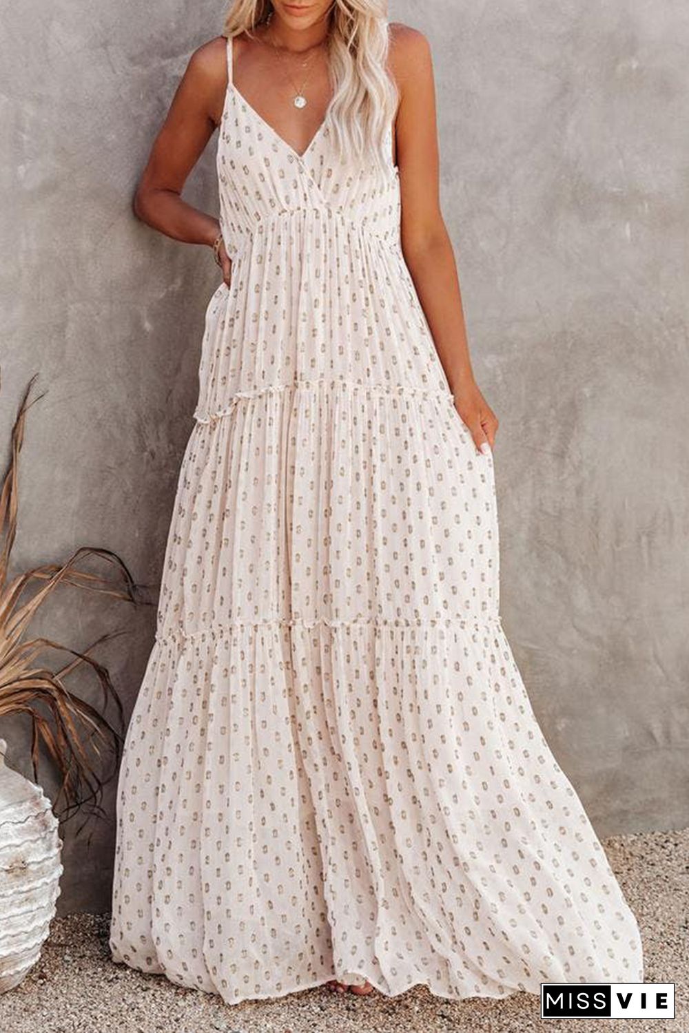 Beige Pattern Print Tiered Ruffled Spaghetti Strap V Neck Maxi Dress