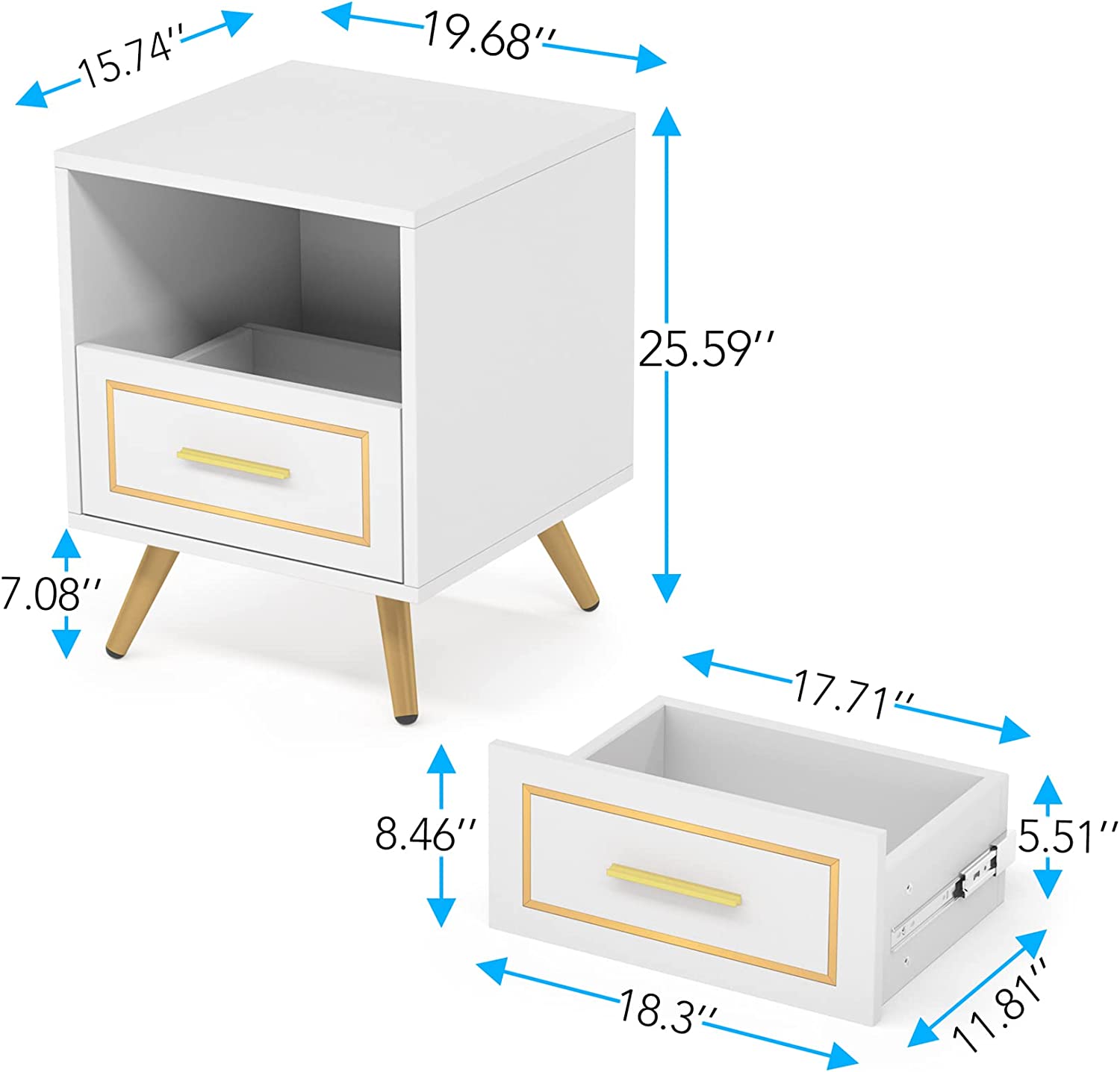 Tribesigns 2 Drawers Nightstand Sofa Table, Modern Wood Bedside Table for Bedroom with Metal Leg, White