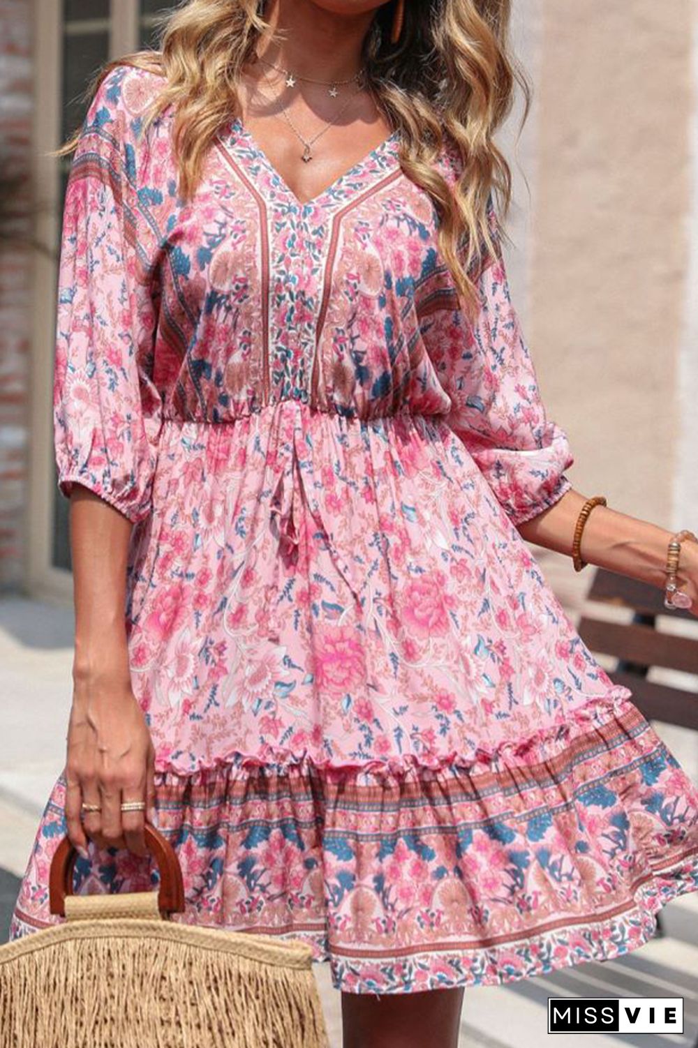 Pink Floral Print Vintage Loose Dress Wholesale