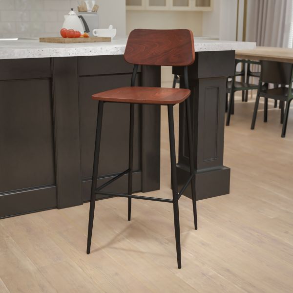 Lincoln Industrial Barstool with Gunmetal Steel Frame and Rustic Wood Seat