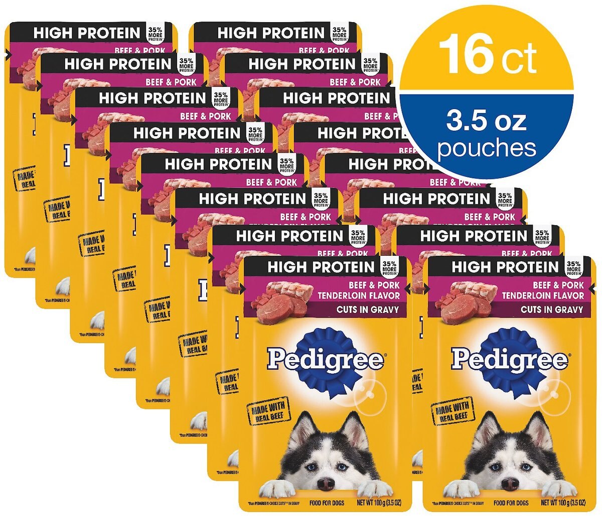 Pedigree High Protein Beef and Pork Tenderloin Flavor Cuts in Gravy Dog Wet Food Pouches， 3.5-oz. pouches， 16 count