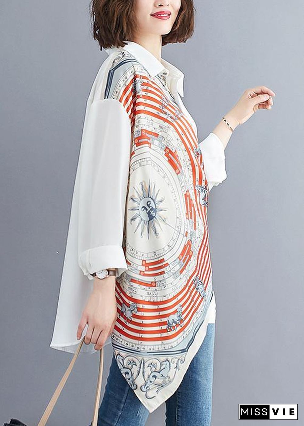 Women white prints blended box top asymmetric baggy summer blouses