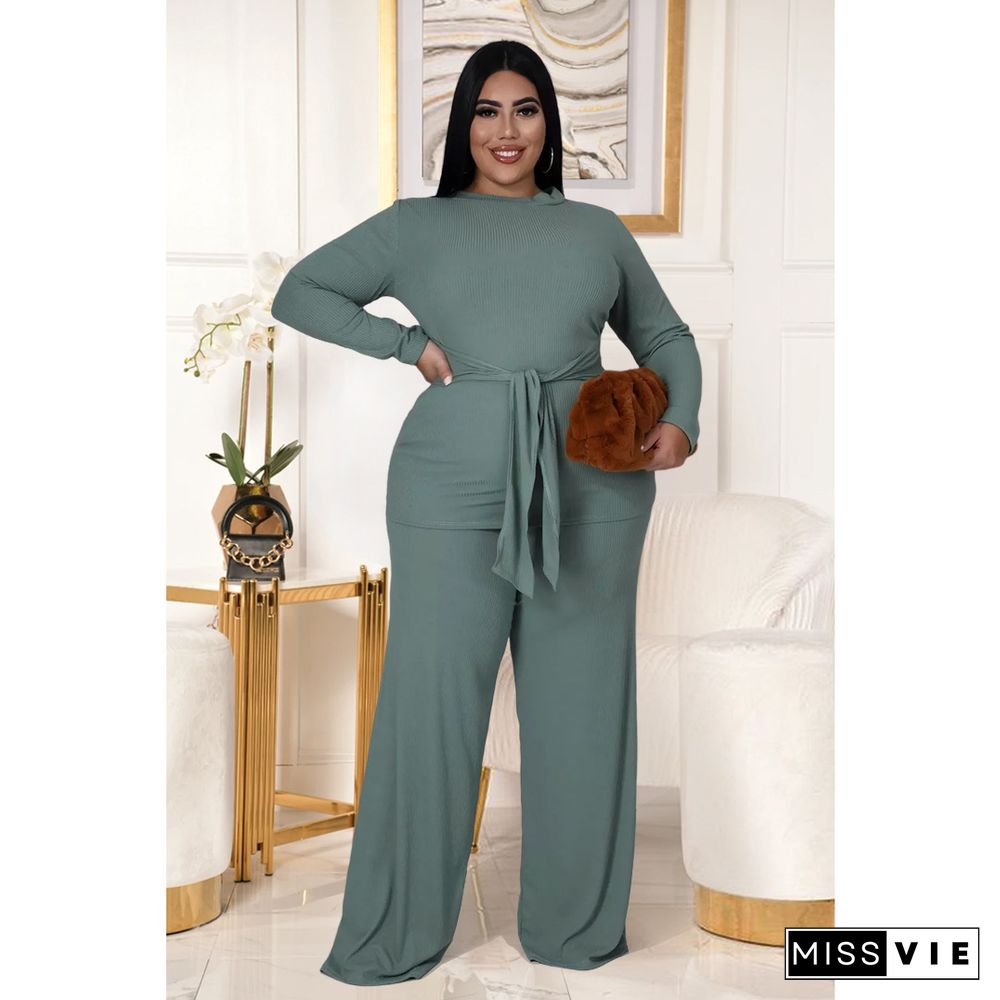 Knitted Bandage T Shirt Wide Leg Pants Plus Size Set