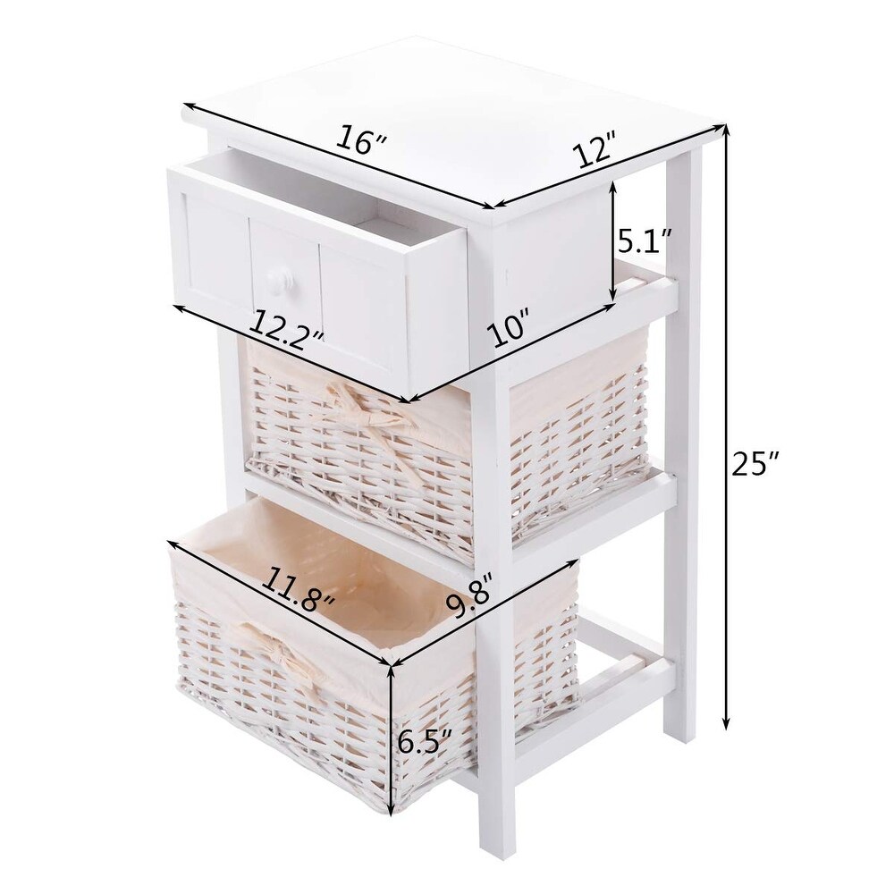 Nightstand with Drawers Wooden  W/ 2 Storage Baskets and Open Shelf for Bedroom  Bedside Sofa End Table (1  White)