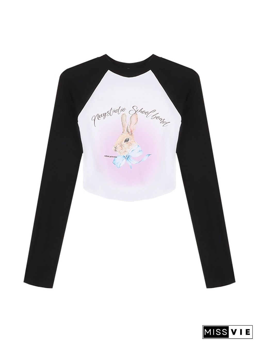 Rabbit Print Raglan Crop Long Sleeve Tee