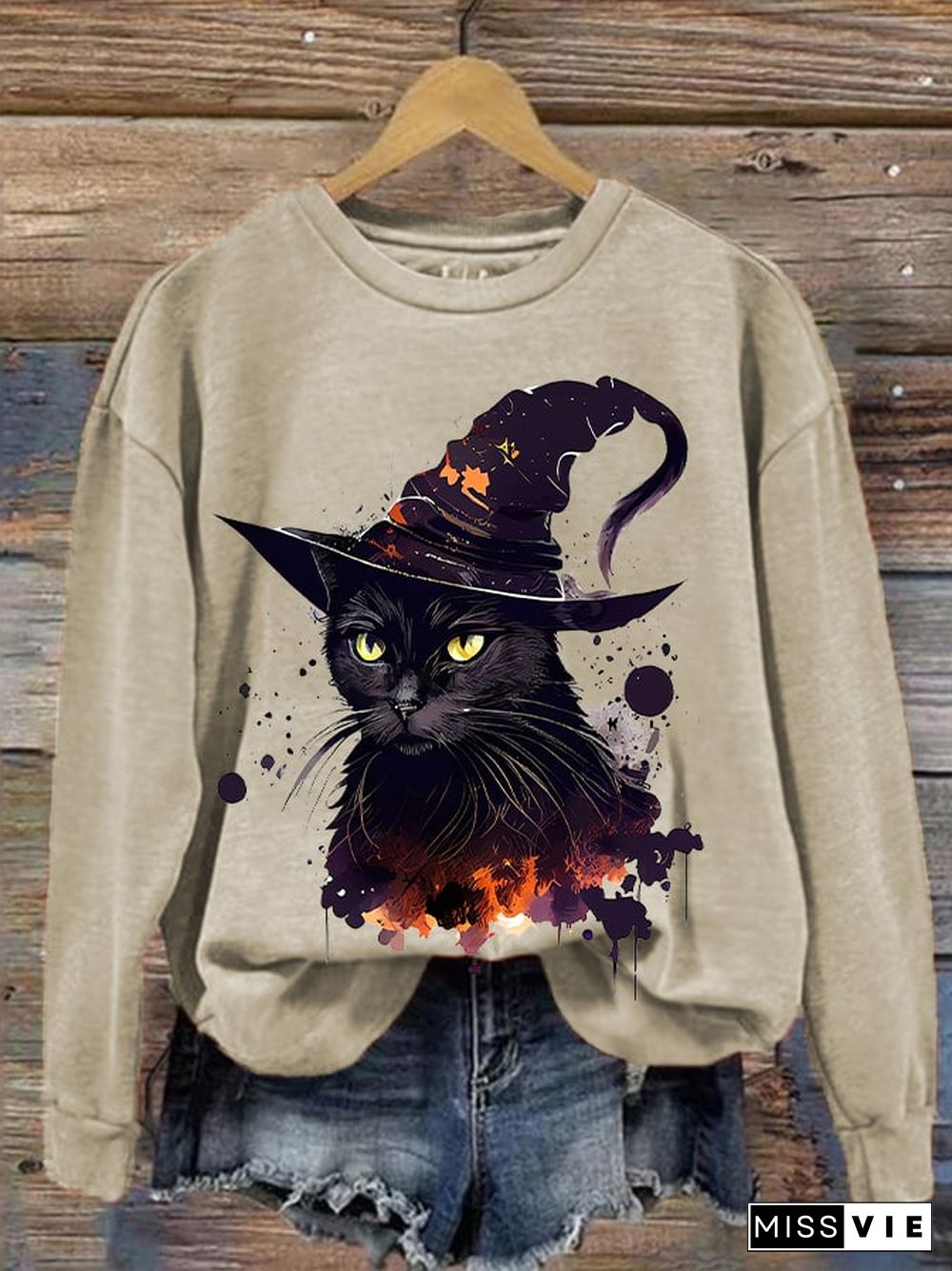 Women's Halloween Witches Cat Print Sweatshirt