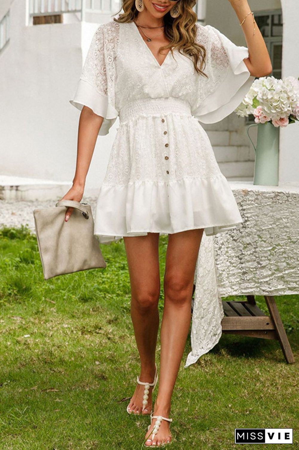 White Lace Bat Sleeves V Neck Mini Dress