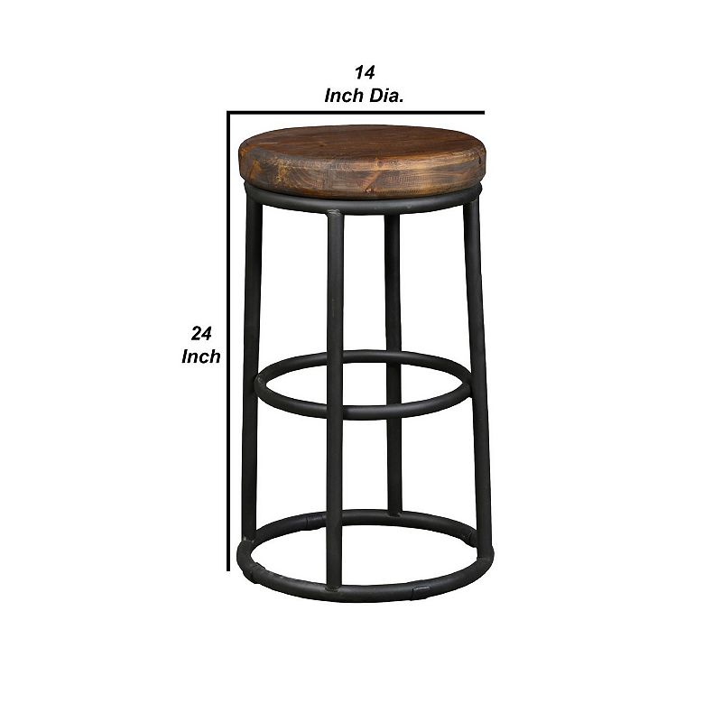 Ken 24 Inch Backless Round Counter Stool， Pine Wood Seat， Brown， Black