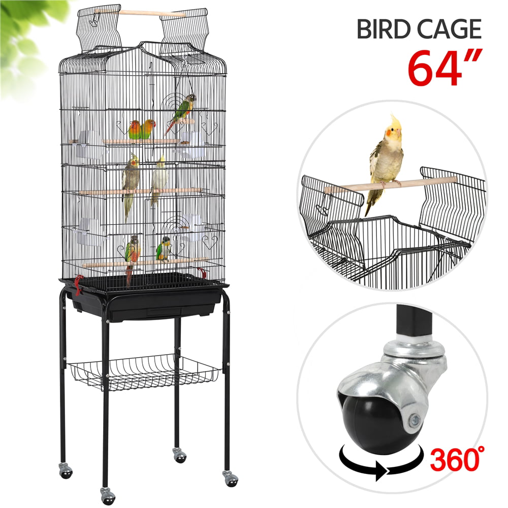 Topeakmart 64''H Open Top Metal Birdcage Rolling Parrot Cage with Detachable Stand， Black