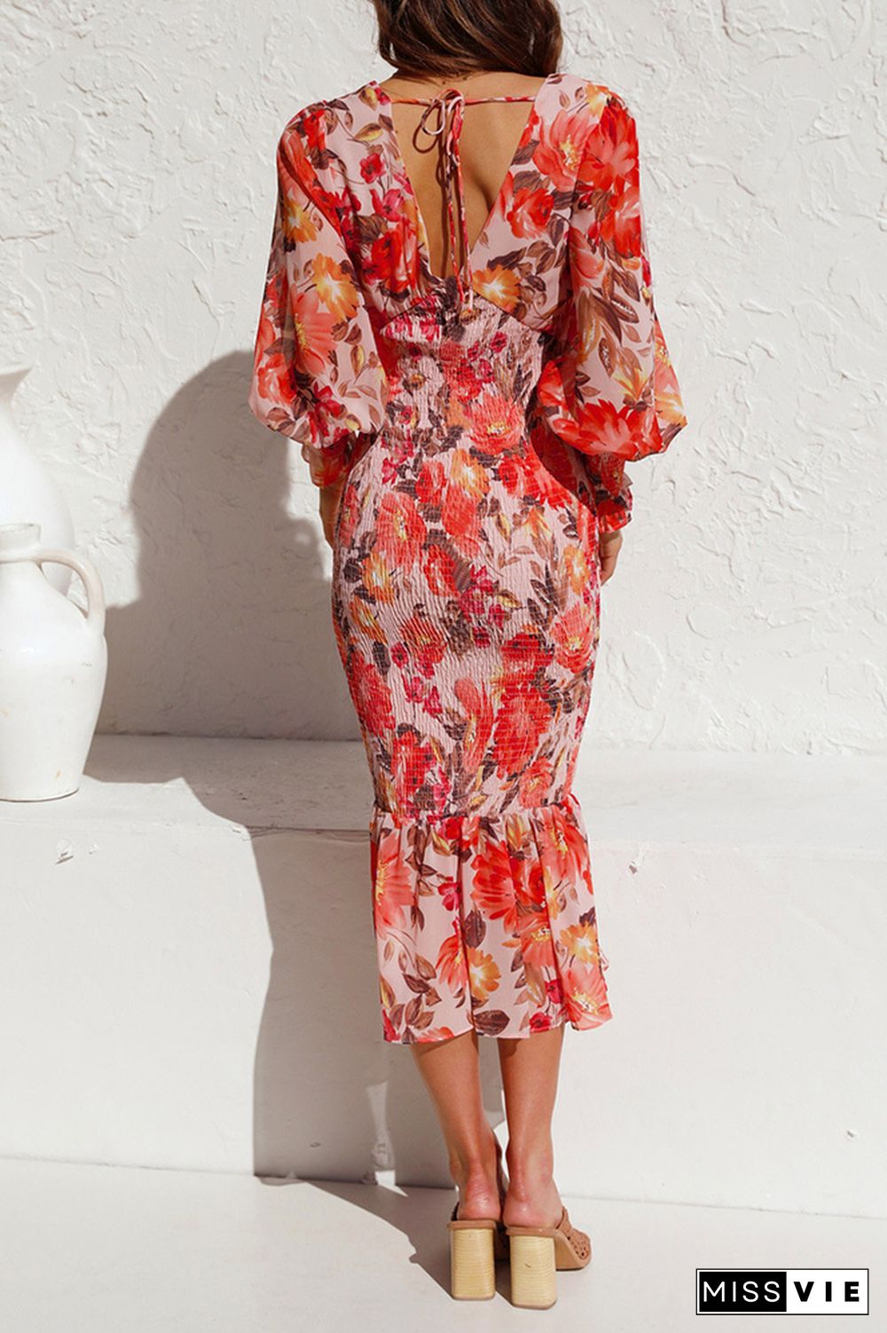 Deep V Neck Floral Print Balloon Sleeve Slim Dress