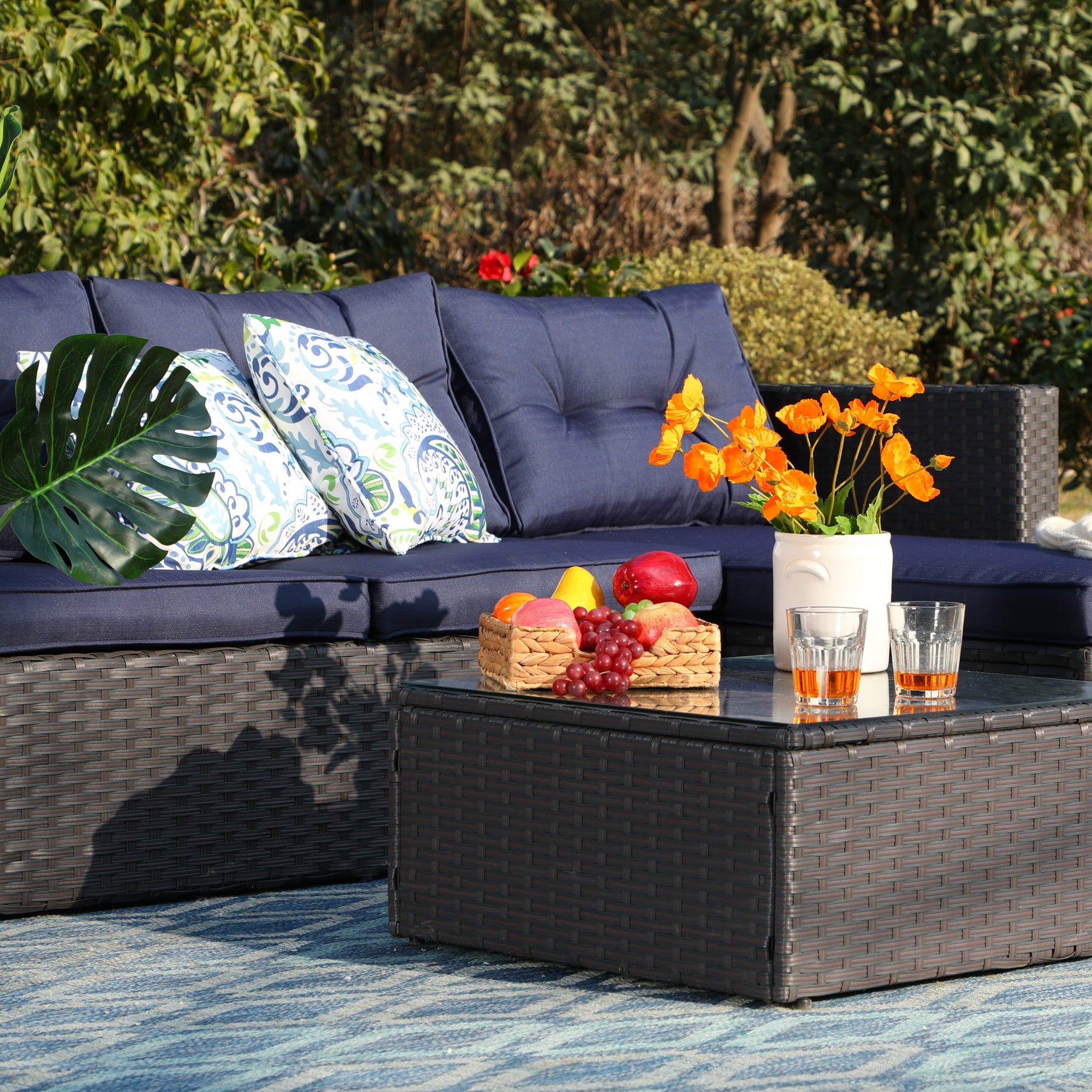 MF Studio 3 Pieces Outdoor Sectional Sofa Set Wicker Patio Furniture Conversation Set with Navy Blue Cushions