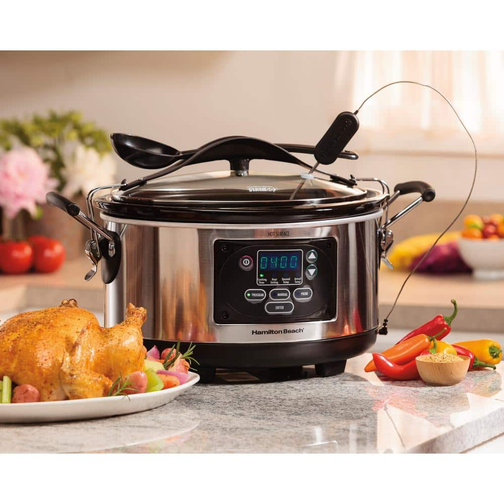 Hamilton Beach Set and Forget 6 Qt. Stainless Steel Programmable Slow Cooker with Temperature Probe 33967