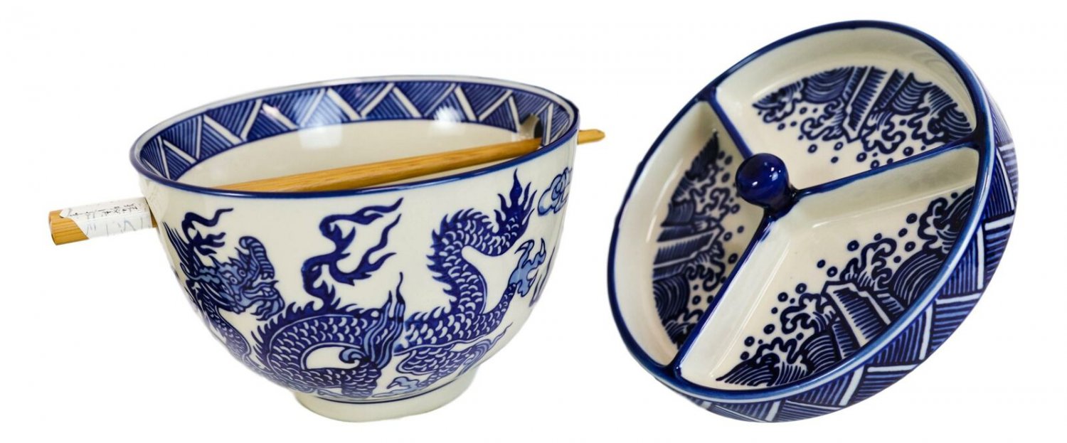 1 Blue White Dragon Ramen Bowl With Tempura Divider Condiment Lid Chopsticks Set EBR02