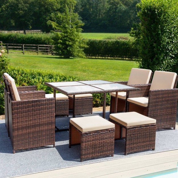 9pc Outdoor Conversation Set With Tempered Glass Table Cushioned Chairs amp Ottomans Devoko