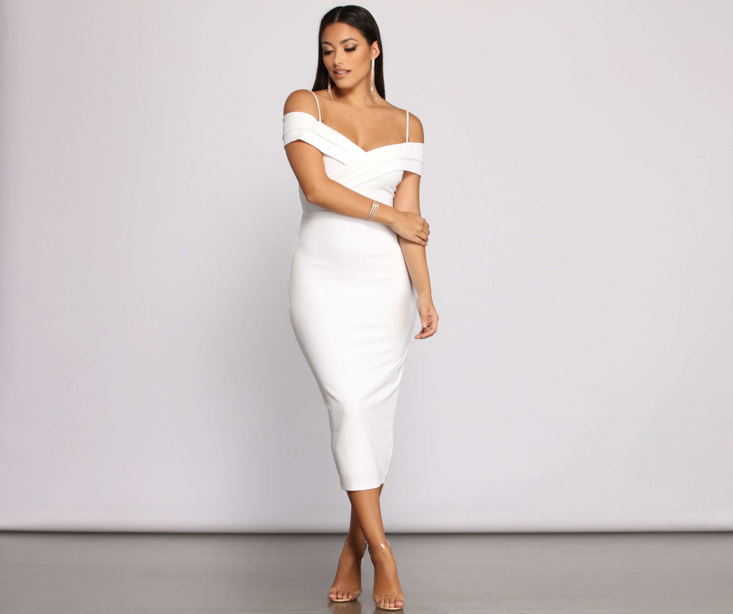 PLACEHOLDER - Valeria Formal Off The Shoulder Crepe Midi Dress