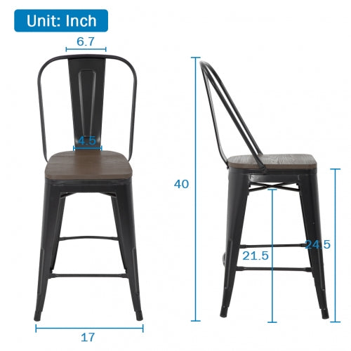 Furinno 24.5 Inches Seat Height Bar Stool with Backrest and Wood Seat， Set of 4， Black