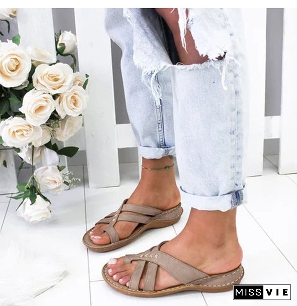 Summer Sandals Women Comfy Slippers Roman Leather Wedge Sandals Low Heels Beach Shoes Casual Flip Flops Sandalia Feminina