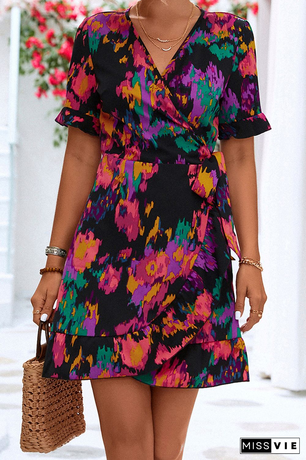 Wrap V Neck Abstract Printed Ruffles Dress